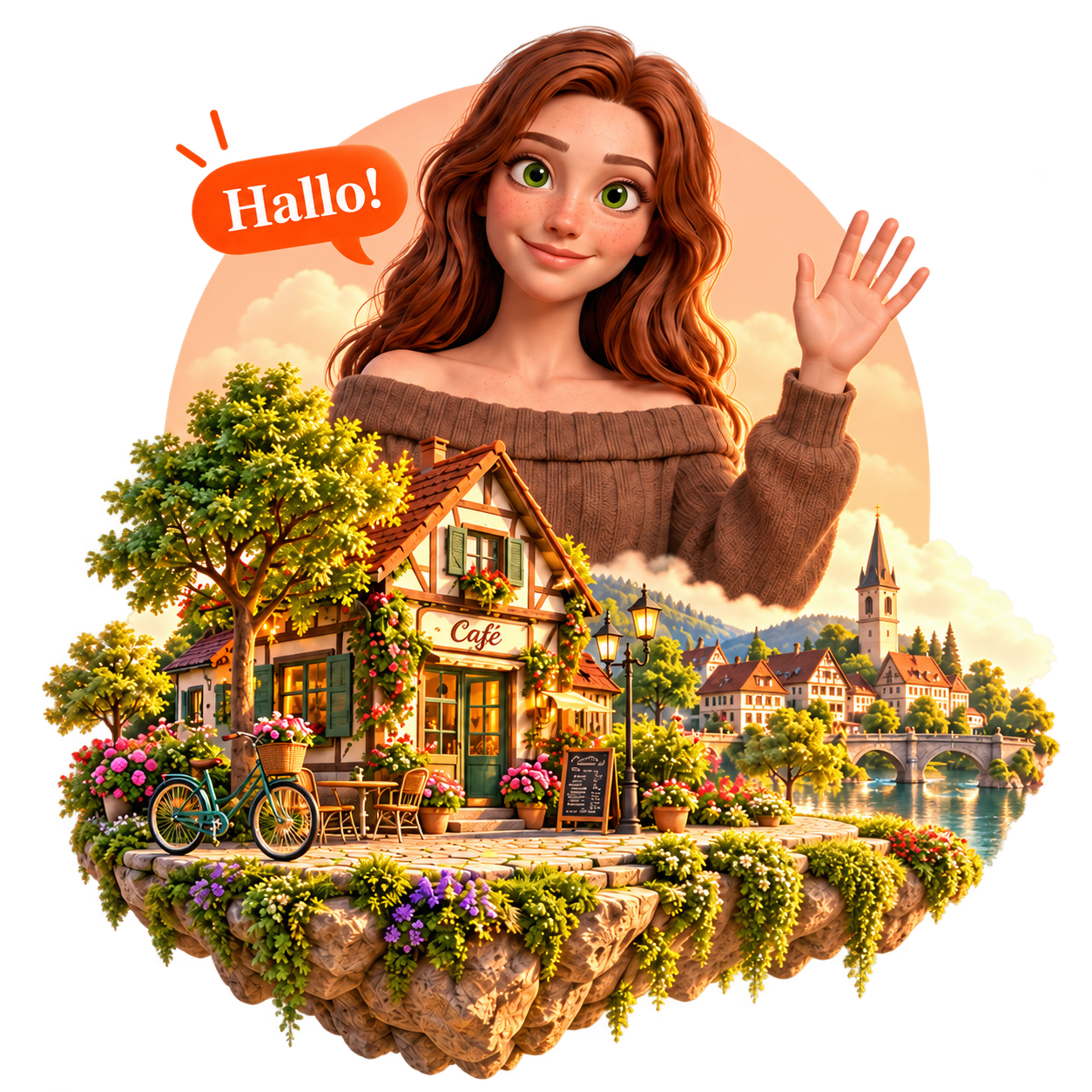 Laura waving above a welcoming German village with a café, bicycle, flowers and bridge