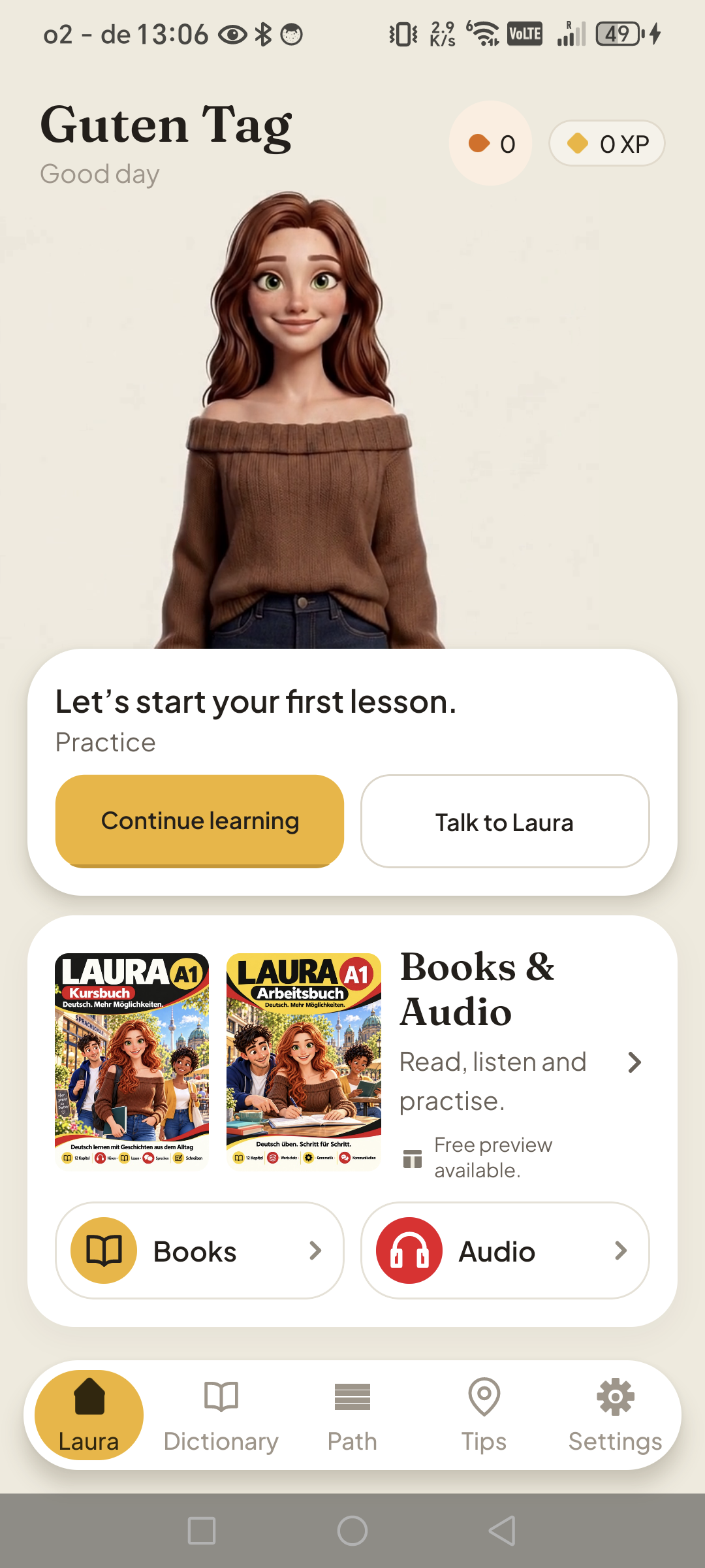 Build 451 home screen with Laura, first lesson and Books and Audio