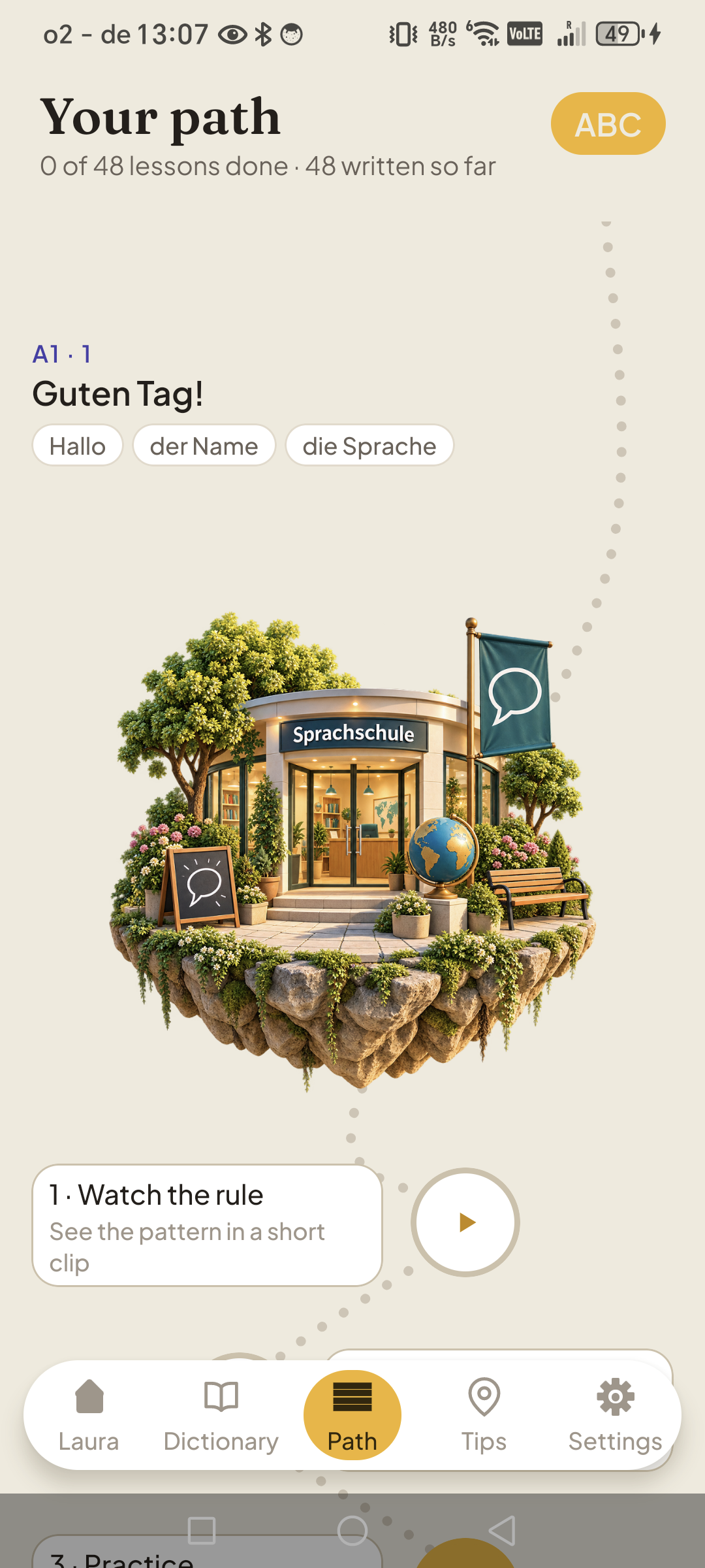 Build 451 learning path showing the floating language school island